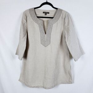 Tommy Bahama Linen Tunic Womens XL Beaded Beige Coastal Resort Minimalist Beige